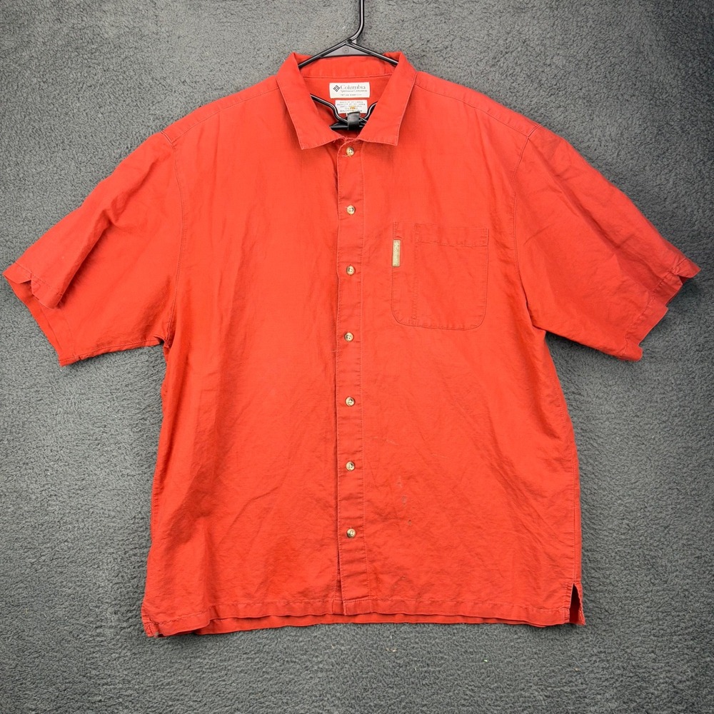 Columbia‎ Sportswear Mens XL Ramie Cotton Short Sleeve Button Up Shirt Red 8636